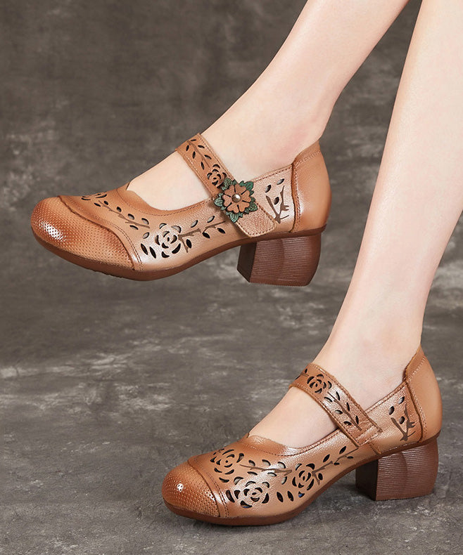 Hollow Chunky Out Heel Leather Chocolate Cowhide Boho Splicing