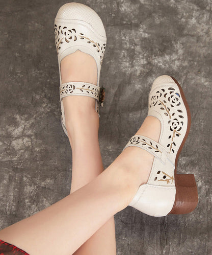 Hollow Chunky Out Heel Leather Chocolate Cowhide Boho Splicing