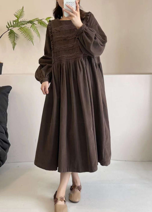 Embroidered Chocolate Exra Hem Spring Corduroy Large Dress