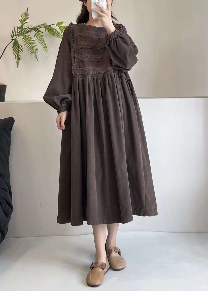 Embroidered Chocolate Exra Hem Spring Corduroy Large Dress