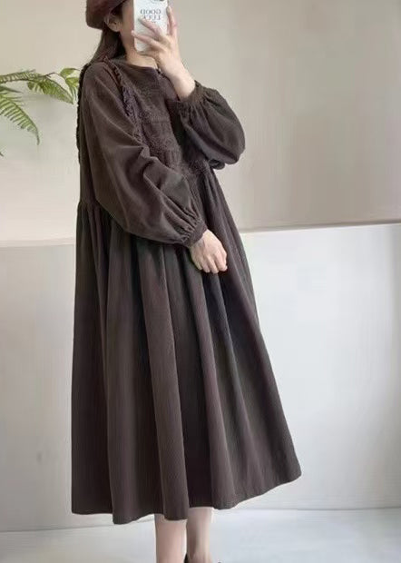Embroidered Chocolate Exra Hem Spring Corduroy Large Dress