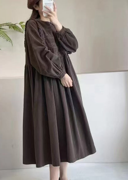Embroidered Chocolate Exra Hem Spring Corduroy Large Dress
