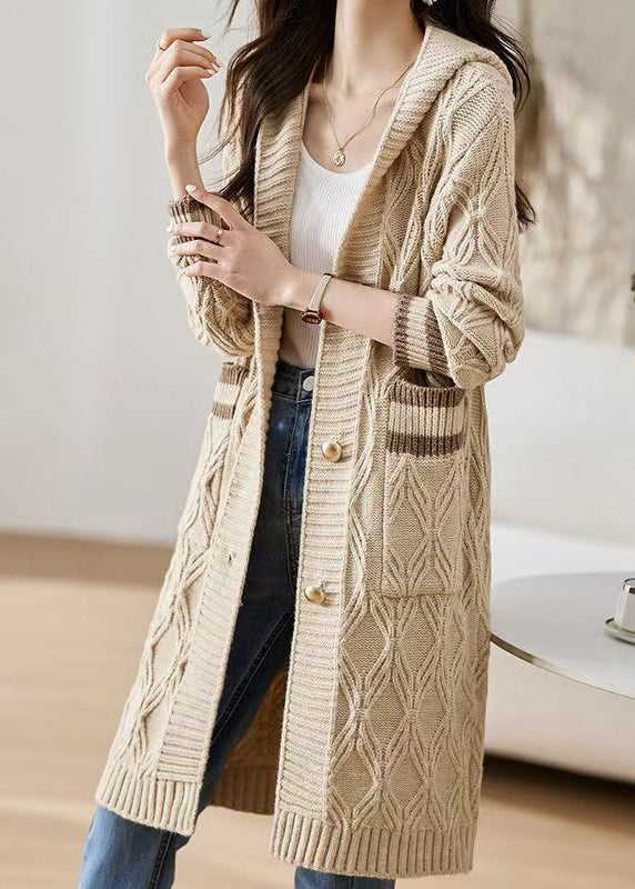 Edle beige Strickjacke mit Kapuze und Taschen, lockerer Strick, Herbst QS020