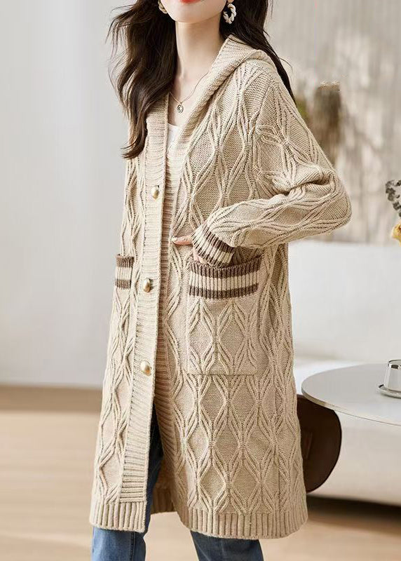 Edle beige Strickjacke mit Kapuze und Taschen, lockerer Strick, Herbst QS020