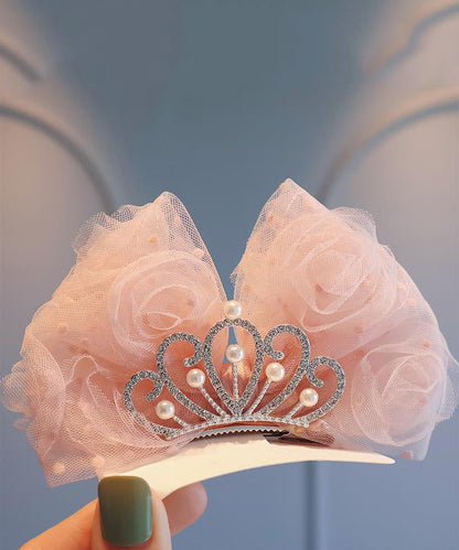 Classy Beige Metal Zircon Crown Tulle Bow Kids Hairpin YG029