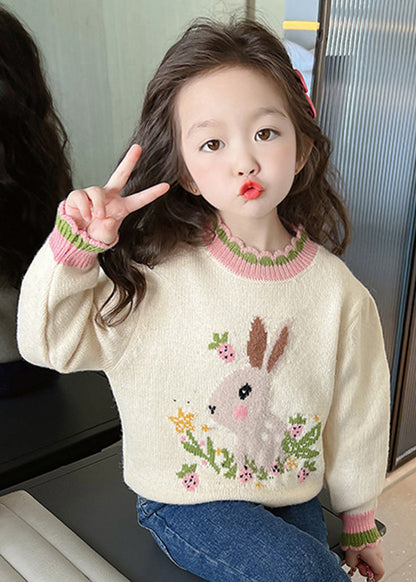 Classy Beige Print Ruffled Patchwork Cotton Knit Girls Sweaters Winter WL040