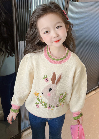 Classy Beige Print Ruffled Patchwork Cotton Knit Girls Sweaters Winter WL040