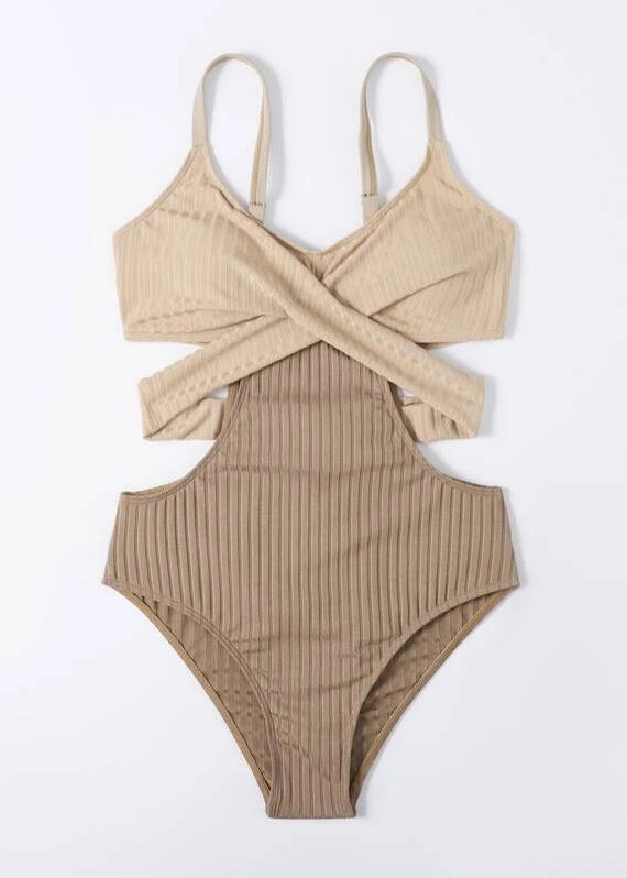 Edler beige gestreifter rückenfreier Patchwork-Bademode-Bodysuit VC056