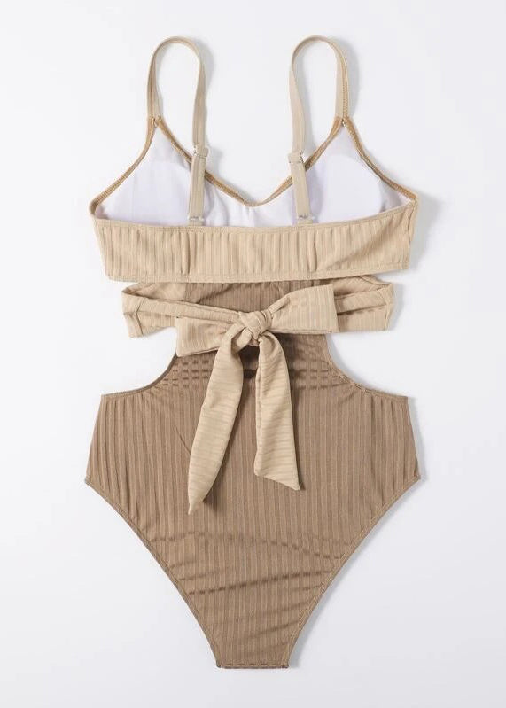 Edler beige gestreifter rückenfreier Patchwork-Bademode-Bodysuit VC056