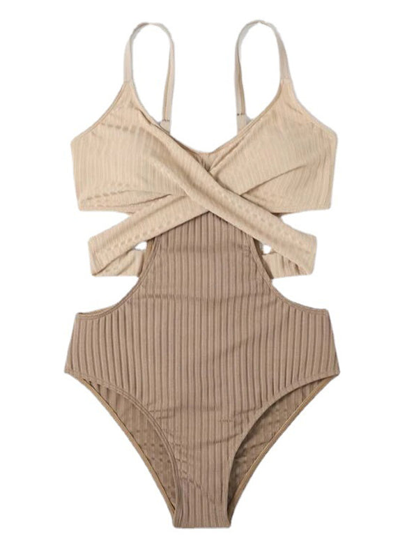 Edler beige gestreifter rückenfreier Patchwork-Bademode-Bodysuit VC056