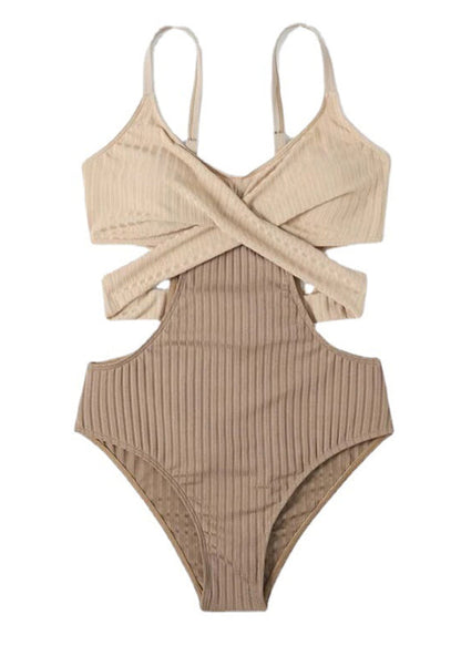 Edler beige gestreifter rückenfreier Patchwork-Bademode-Bodysuit VC056