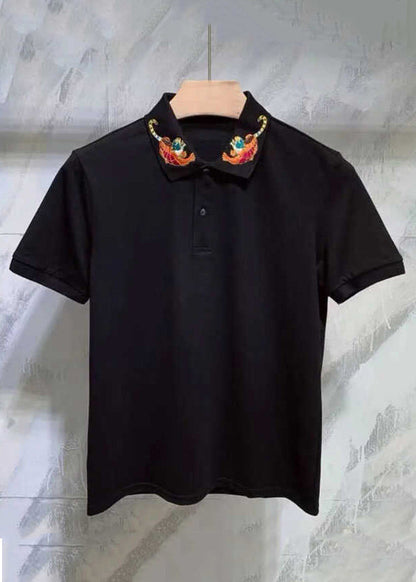 Mens Cotton Polo Summer Animal Button Shirts Classy Black