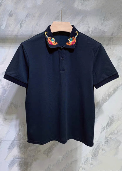 Mens Cotton Polo Summer Animal Button Shirts Classy Black