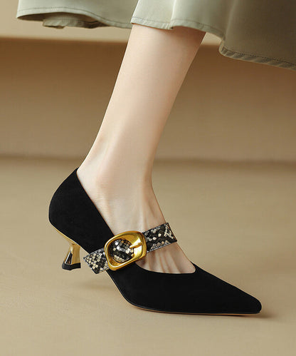 Classy Black Buckle Strap Splicing Stiletto High Heels Pointed Toe WT031