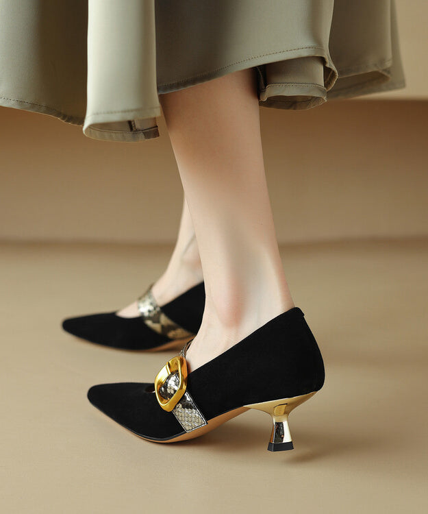 Classy Black Buckle Strap Splicing Stiletto High Heels Pointed Toe WT031