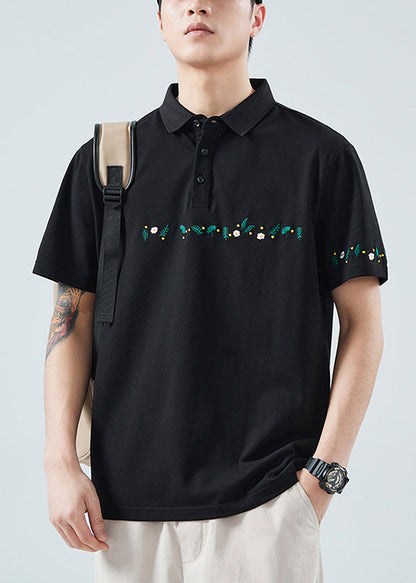 Shirt Button Polo Cotton Classy Summer Print Men Black Solid