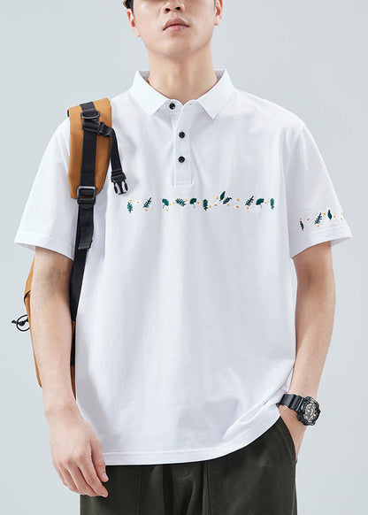 Shirt Button Polo Cotton Classy Summer Print Men Black Solid