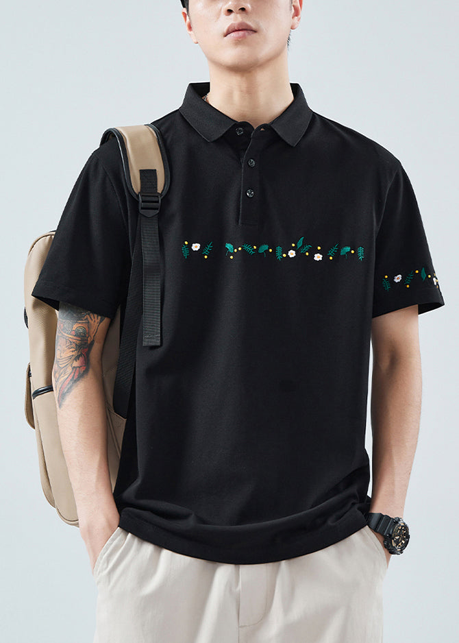Shirt Button Polo Cotton Classy Summer Print Men Black Solid