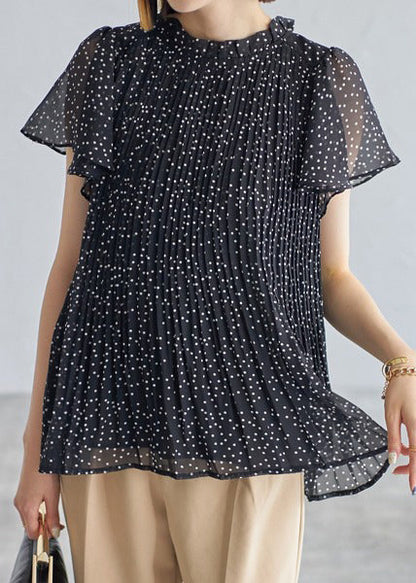 Summer Black Classy Shirts Chiffon Wrinkled Dot