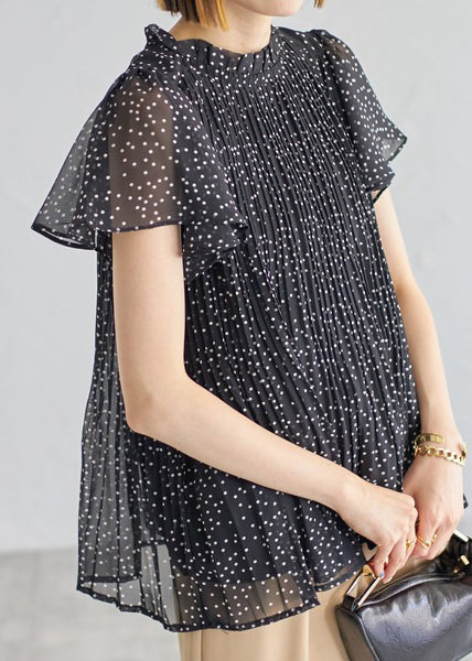 Summer Black Classy Shirts Chiffon Wrinkled Dot