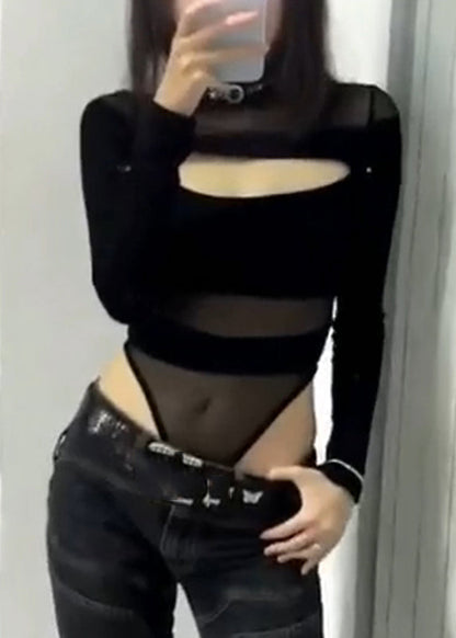 Classy Bodysuit Solid Out Tulle Hollow Black