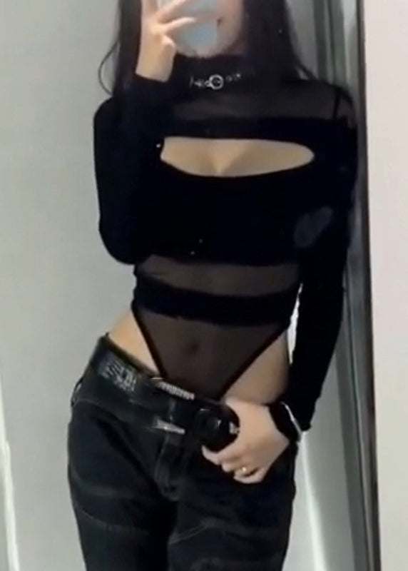 Classy Bodysuit Solid Out Tulle Hollow Black