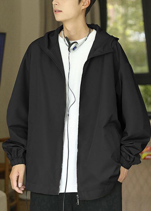 Men Coat Black Pockets Spring Cotton Zippered Hooded Classy