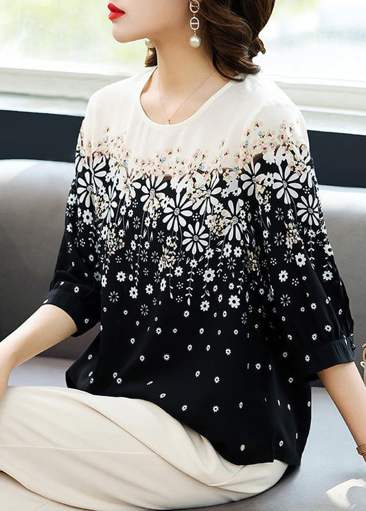 Classy Chiffon O-Neck Print Black Summer Shirts
