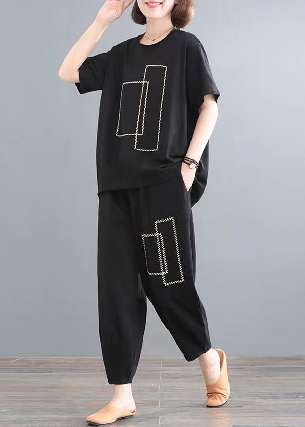 Cotton Summer Classy Oversized Outfits Black Piece Two Set