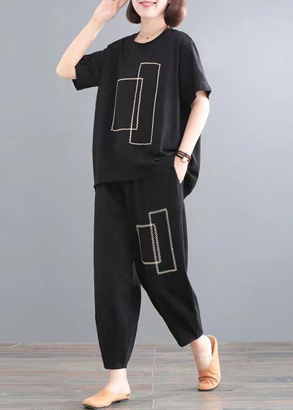 Cotton Summer Classy Oversized Outfits Black Piece Two Set
