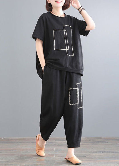Cotton Summer Classy Oversized Outfits Black Piece Two Set
