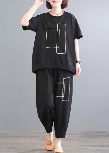 Cotton Summer Classy Oversized Outfits Black Piece Two Set