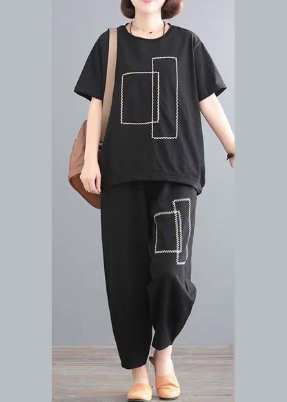Cotton Summer Classy Oversized Outfits Black Piece Two Set