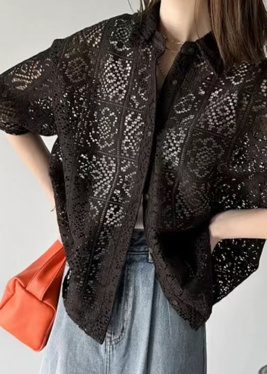 Out Oversized Hollow Summer Lace Classy Black Shirts
