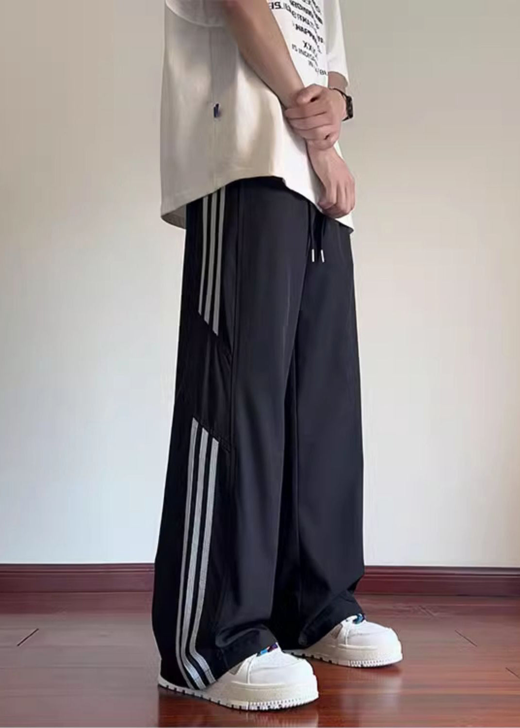 Spring Classy Black Pants Oversized Mens Striped Cotton