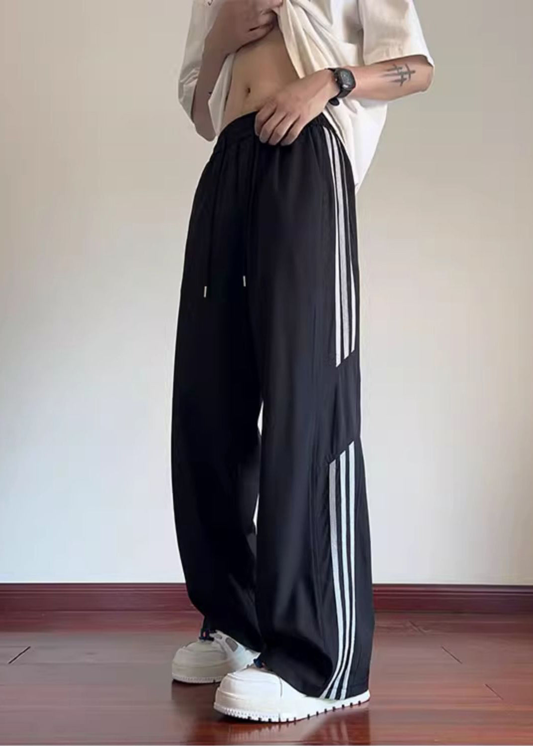 Spring Classy Black Pants Oversized Mens Striped Cotton