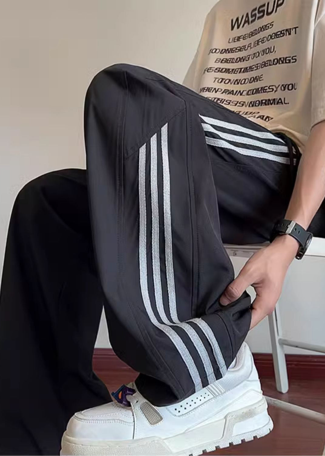 Spring Classy Black Pants Oversized Mens Striped Cotton