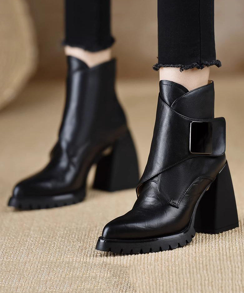 Classy Black Splicing Chunky Heel Ankle Boots TE016