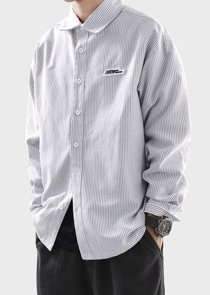 Button Shirts Striped Spring Men Classy Black Cotton