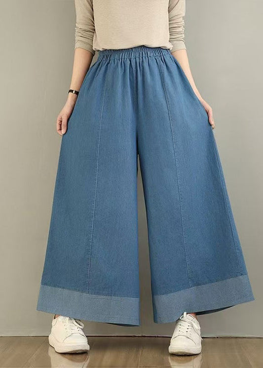 Pants Leg Denim Wide Waist Classy Elastic Summer Blue