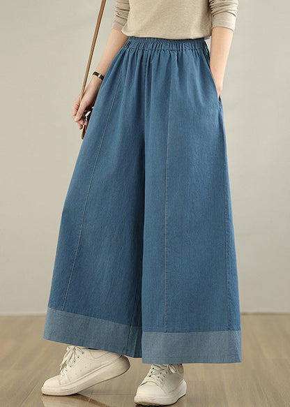 Pants Leg Denim Wide Waist Classy Elastic Summer Blue