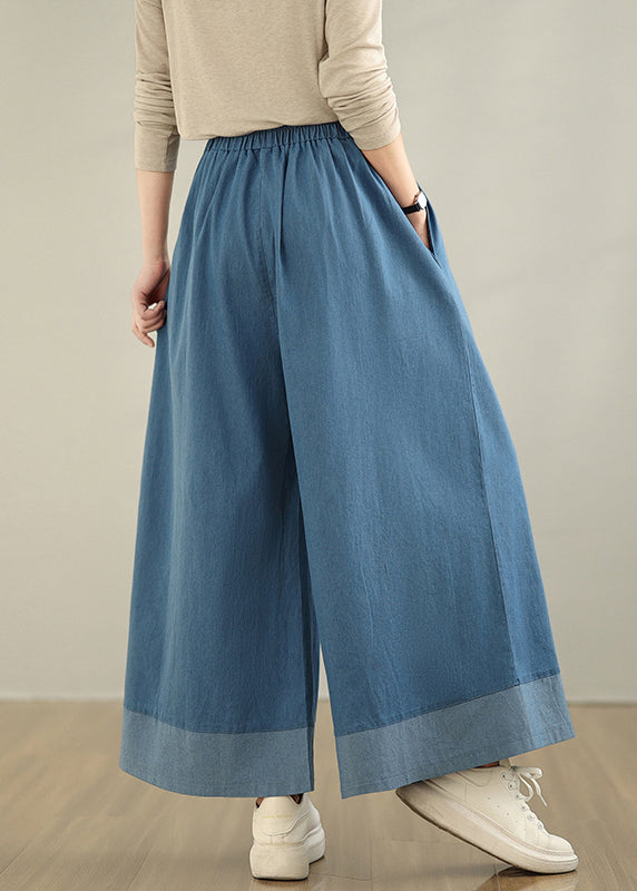 Pants Leg Denim Wide Waist Classy Elastic Summer Blue