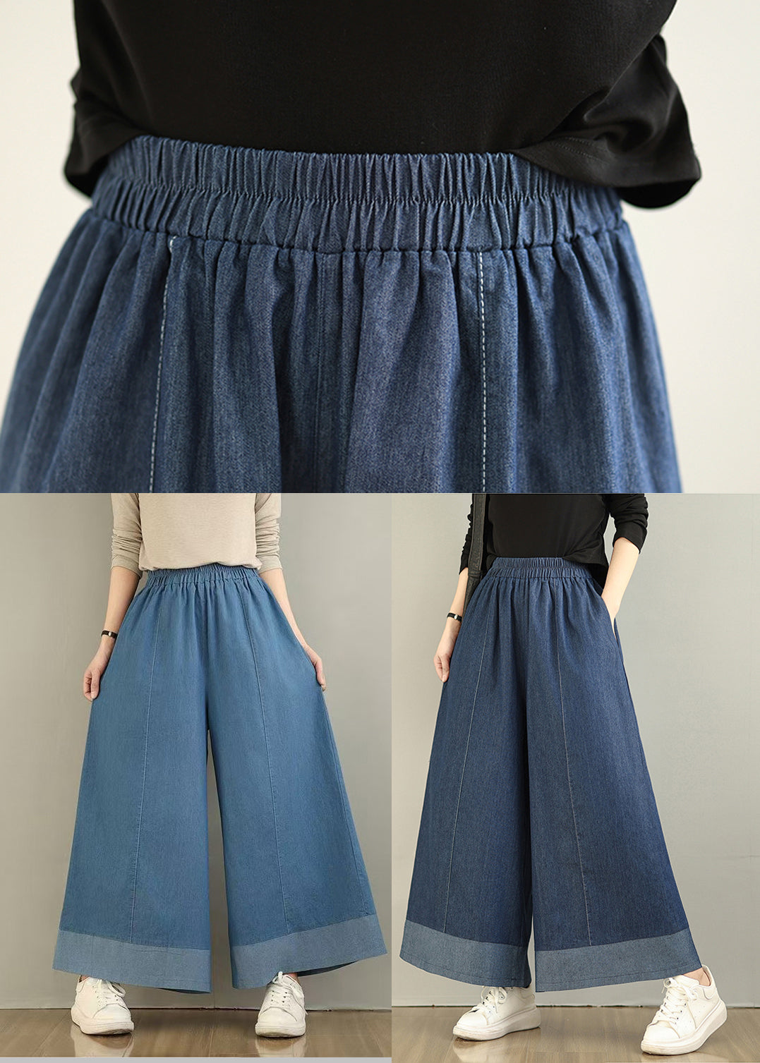 Pants Leg Denim Wide Waist Classy Elastic Summer Blue