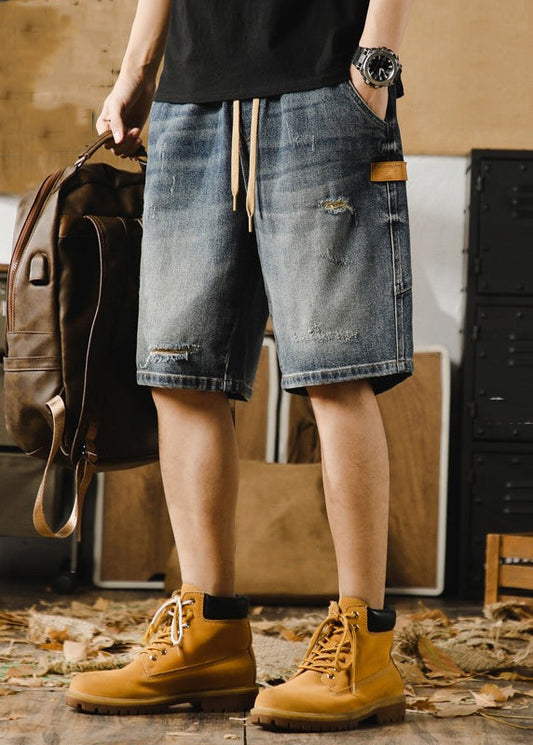 Classy Blue Hole Lace Up Denim Men Shorts Elastic Waist Summer YL022