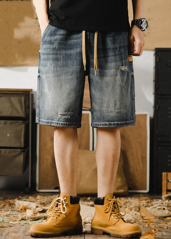 Classy Blue Hole Lace Up Denim Men Shorts Elastic Waist Summer YL022