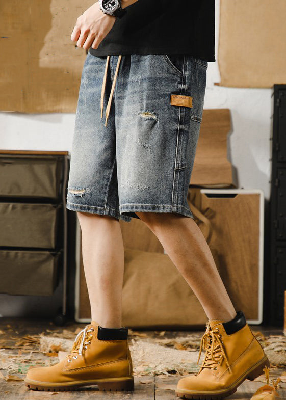 Classy Blue Hole Lace Up Denim Men Shorts Elastic Waist Summer YL022