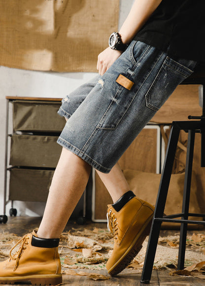 Classy Blue Hole Lace Up Denim Men Shorts Elastic Waist Summer YL022