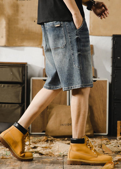 Classy Blue Hole Lace Up Denim Men Shorts Elastic Waist Summer YL022