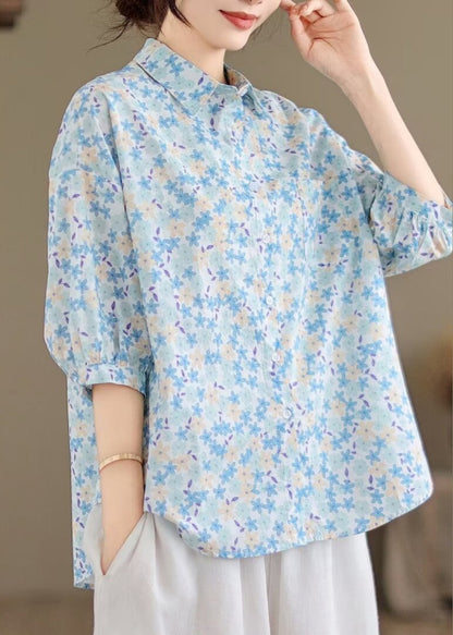 Sleeve Classy Half Cotton Blue Blouse Tops Print Oversized