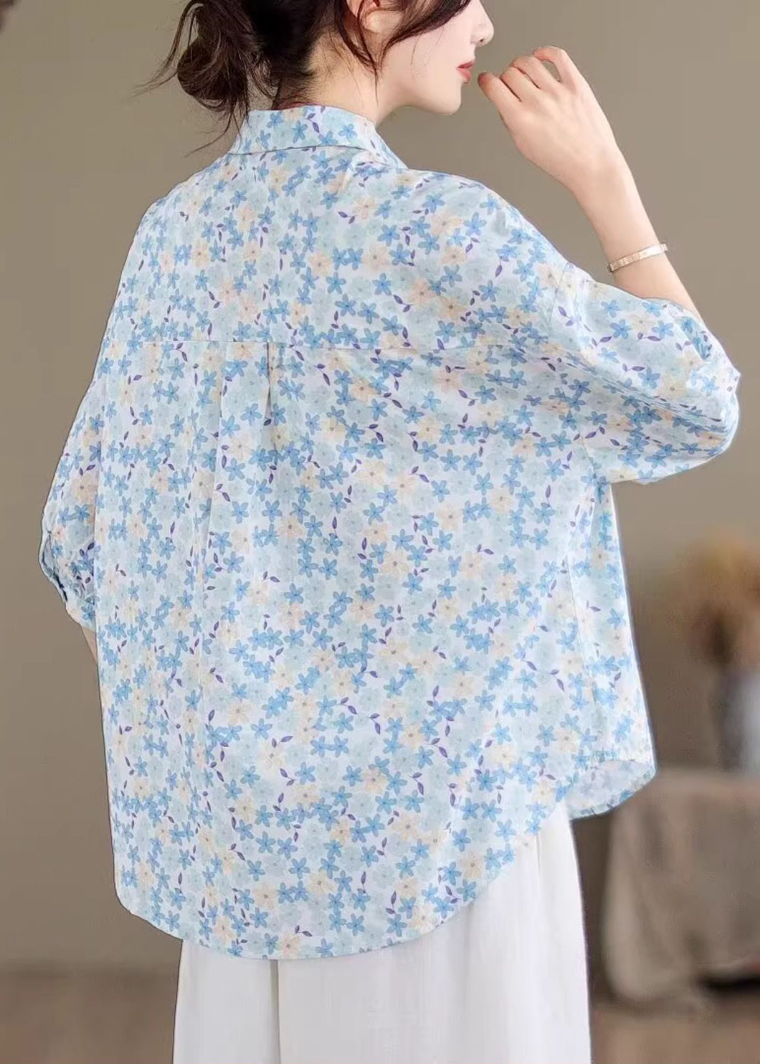 Sleeve Classy Half Cotton Blue Blouse Tops Print Oversized